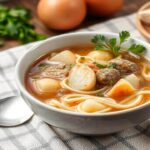 A Sopa de Macarrão com Carne e Batatas aquece nutre e traz o sabor acolhedor de casa