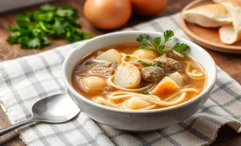 A Sopa de Macarrão com Carne e Batatas aquece nutre e traz o sabor acolhedor de casa