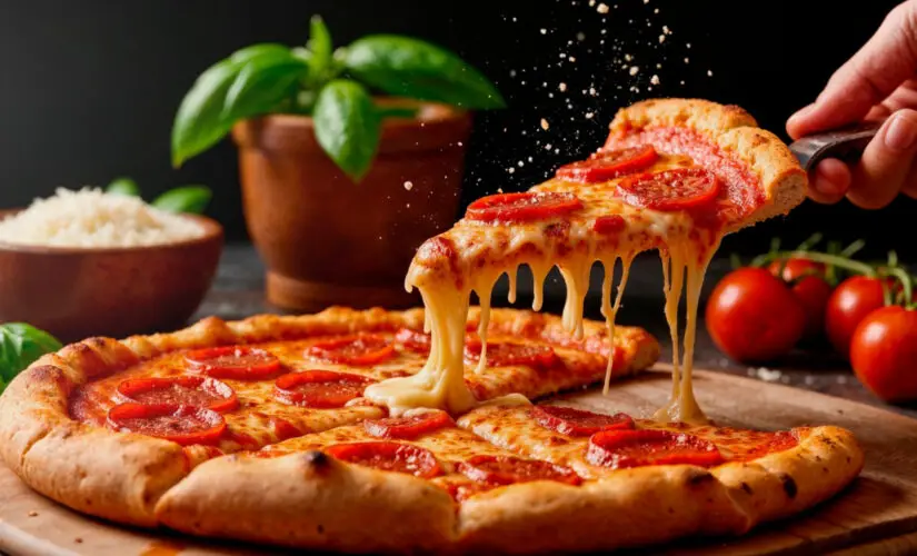 Pizza de mussarela com massa caseira e sabor de pizzaria