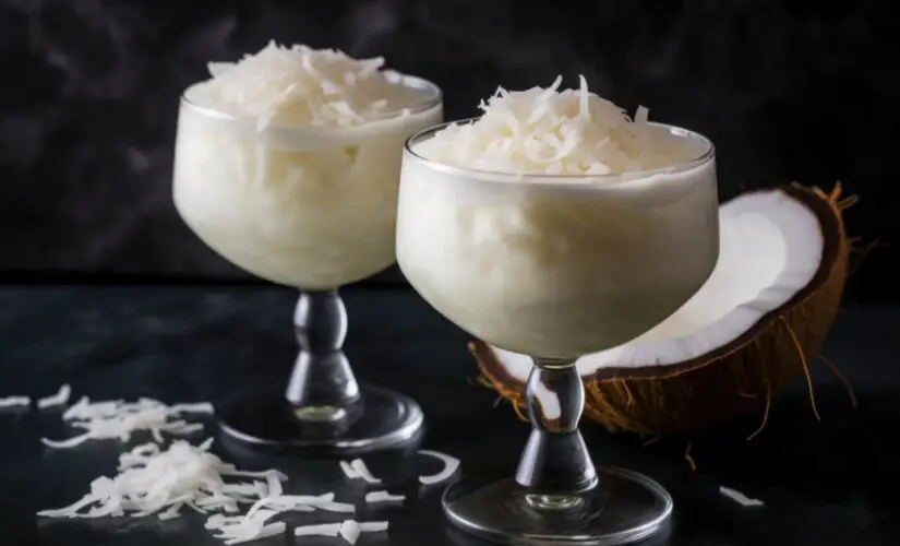 Mousse de coco cremoso com sabor suave e textura aerada