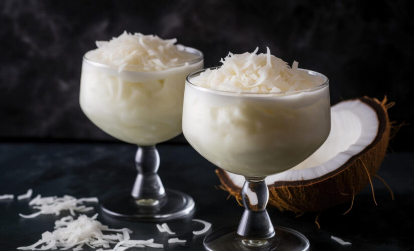 Mousse de coco cremoso com sabor suave e textura aerada
