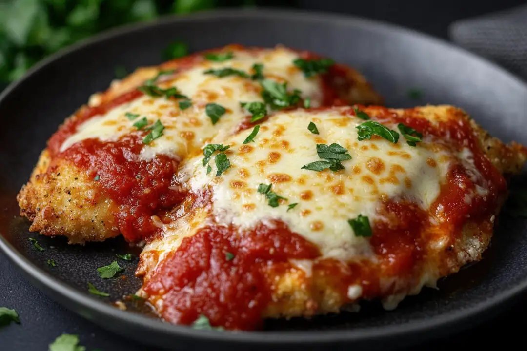 Frango a parmegiana suculento com queijo gratinado igual ao de restaurante