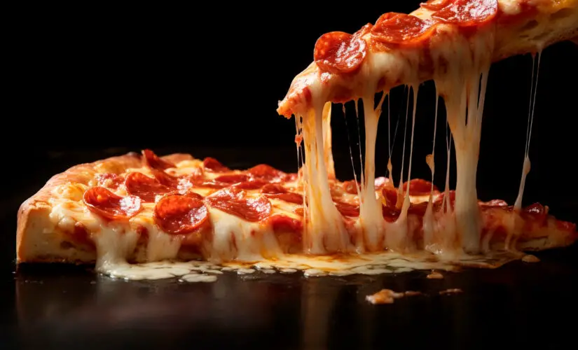 Pizza de mussarela caseira com borda dourada e queijo derretendo