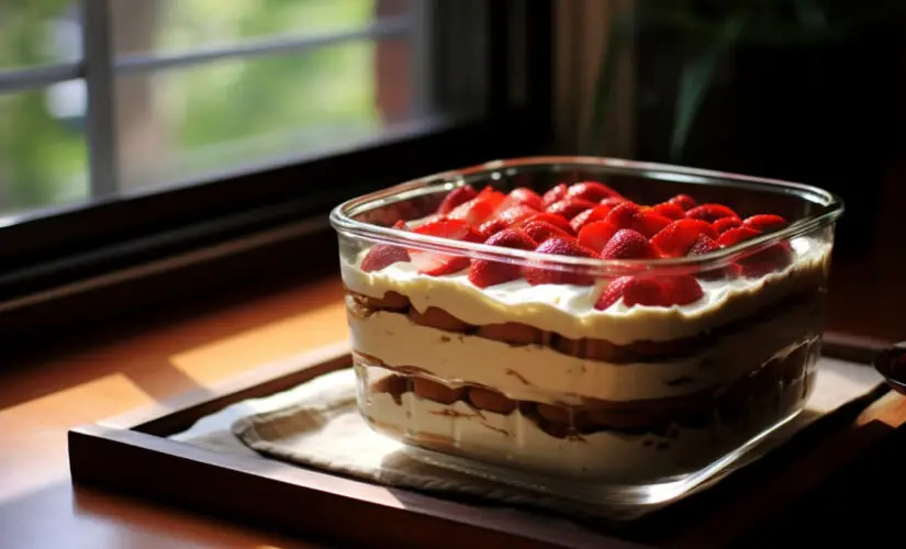 Pavê de morango e chocolate com camadas cremosas e sabor de amor em família