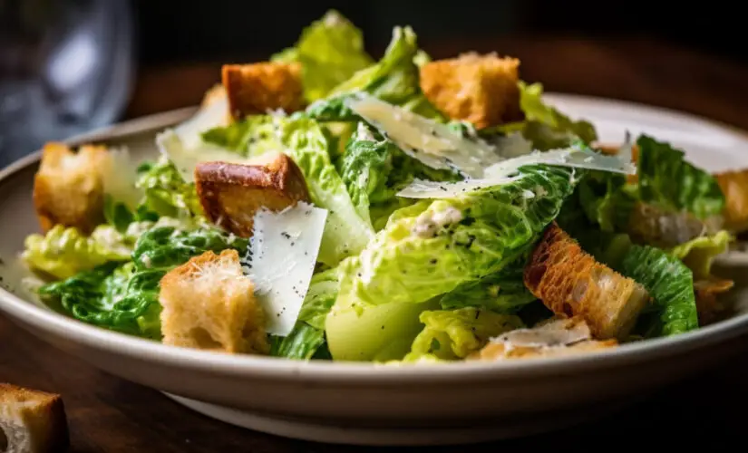 Salada Caesar clássica com molho cremoso e croûtons crocantes igual ao dos melhores restaurantes