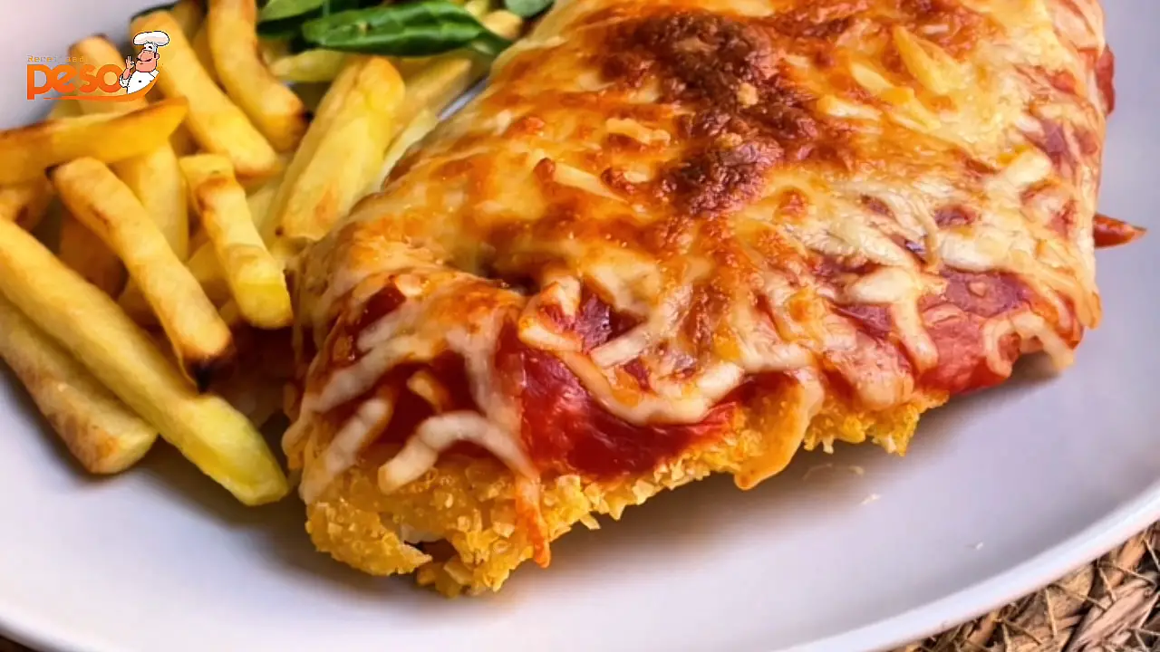 Frango à Parmegiana sem Fritura casquinha crocante e frango suculento com leveza e sabor